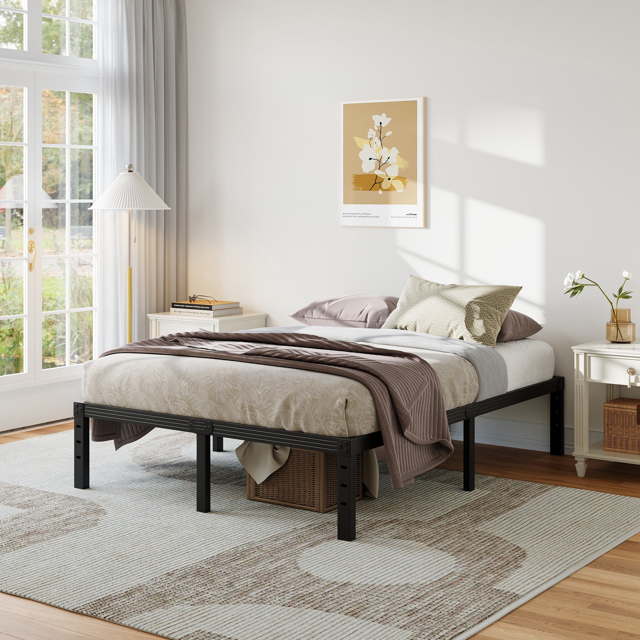 Neslime 16 inch Queen Size Metal Platform, Heavy Duty Bed Frame with Ample Storage Space, Easy Assembly, No Box Spring Needed
