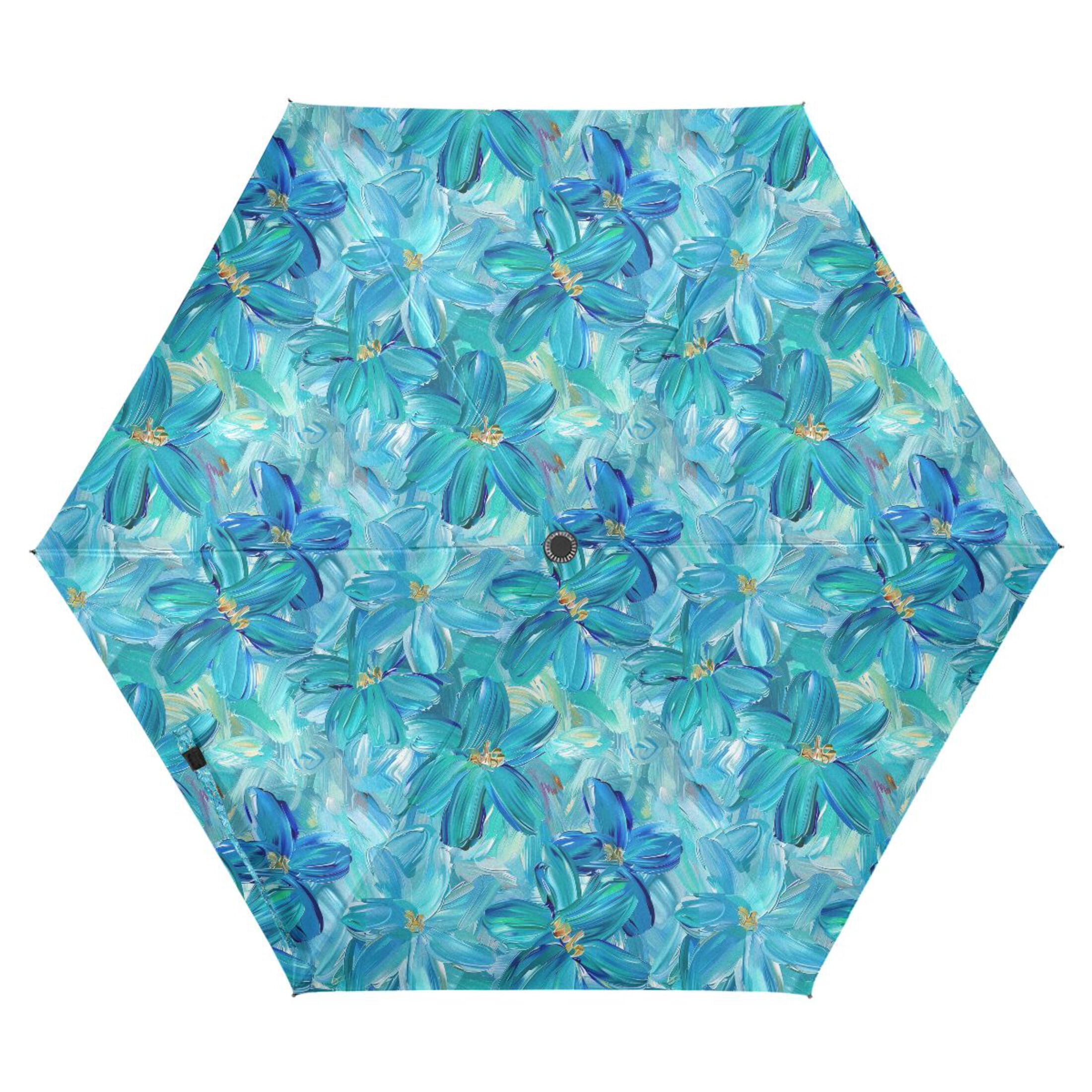 Turquoise and Blue Flowers Compact Sun Umbrella Windproof Travel Umbrellas for Rain Strong Portable UV Protection