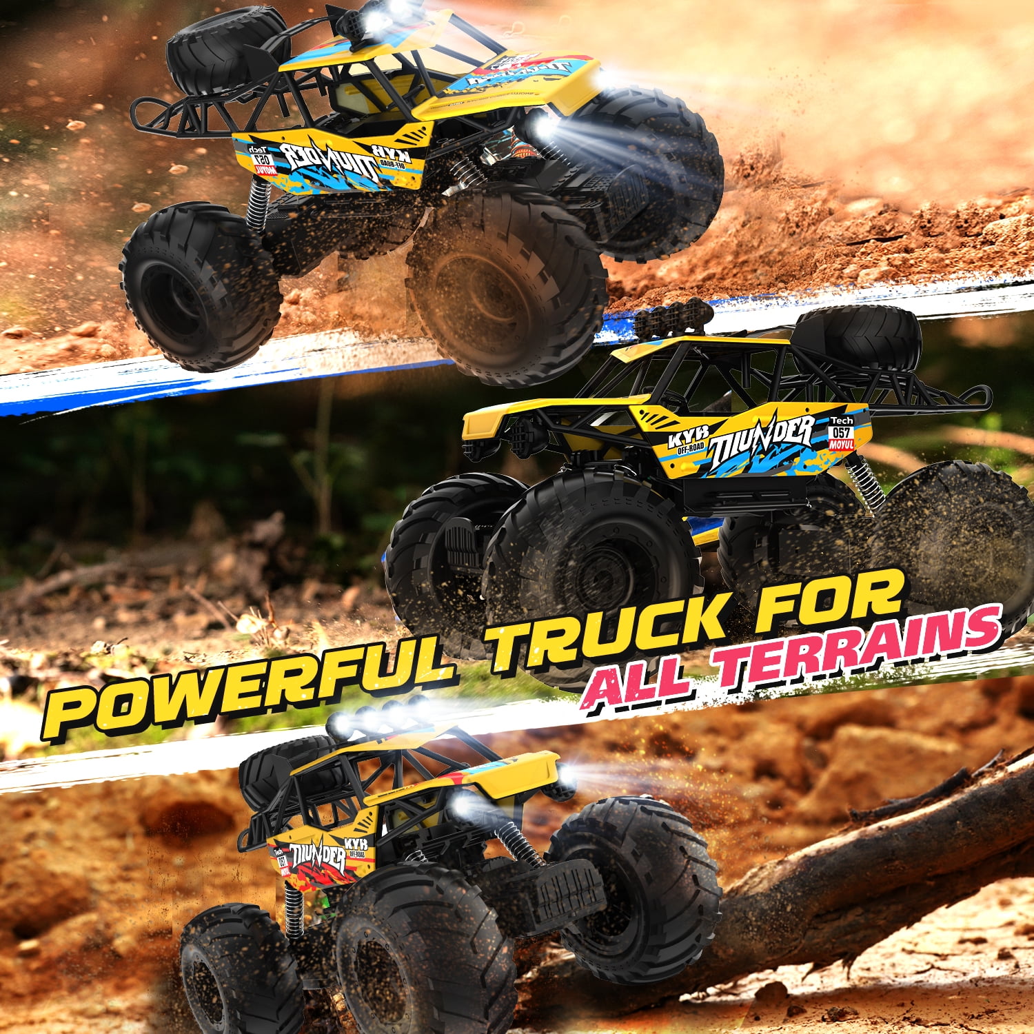 JoyStone 1:10 RC Cars for Kids , 2.4Ghz RC Monster Truck with Light, 2 Batteries, 60+ Mins, Off Road Vehicle for Adults, Yellow