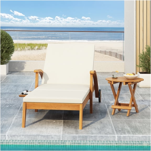 JERFIT Outdoor Chaise Lounge Chair with Side Table Set, Adjustable Recliner Patio Lounger with Wheels and Cushion for Poolside, Porch, Cream & Teak Acacia Wood