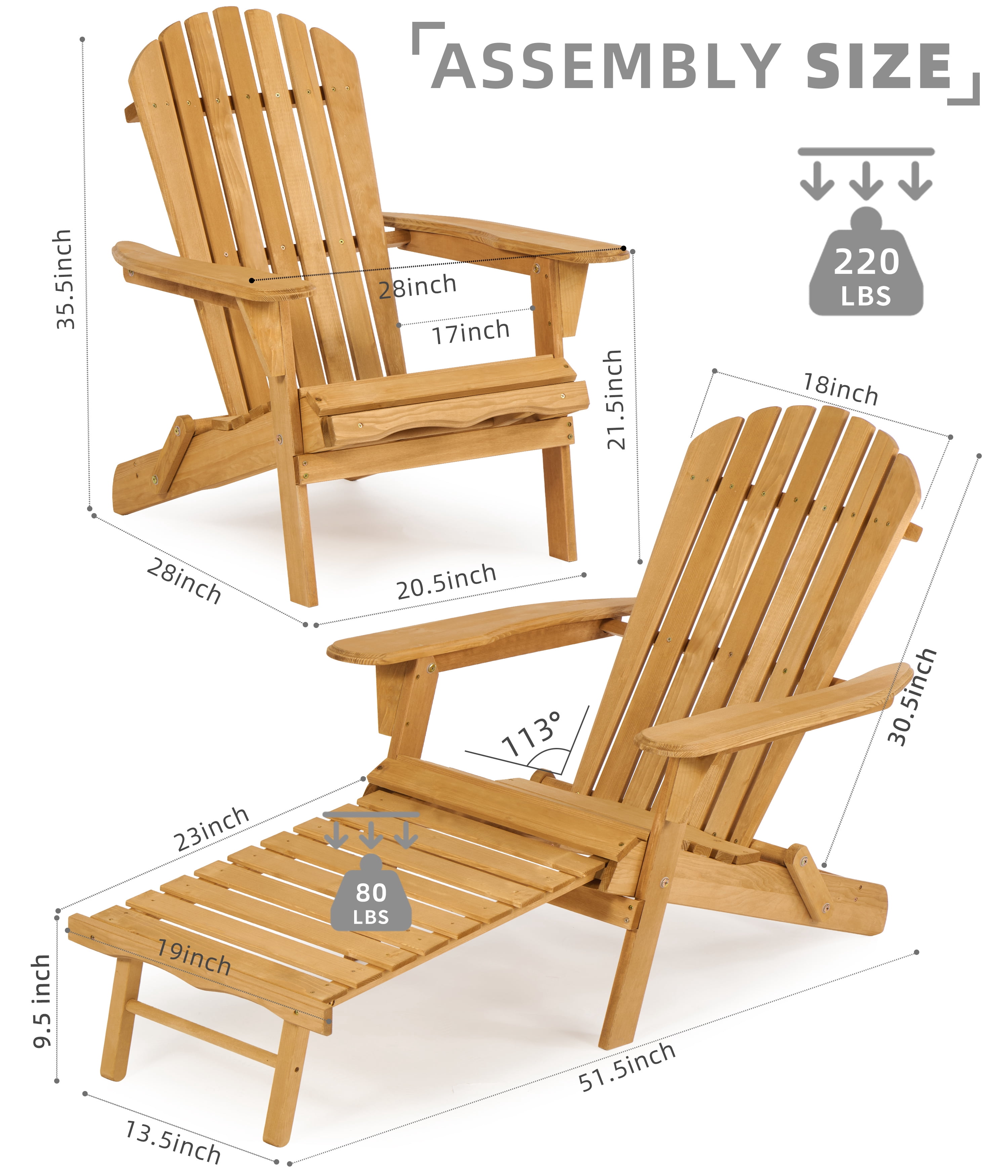 Outdoor Wooden Folding Adirondack Chair with Retractable Ottoman, Pre-Assembled BackRest & SeatBoard, Wood Patio Chair for Garden Backyard Porch Pool Deck Firepit