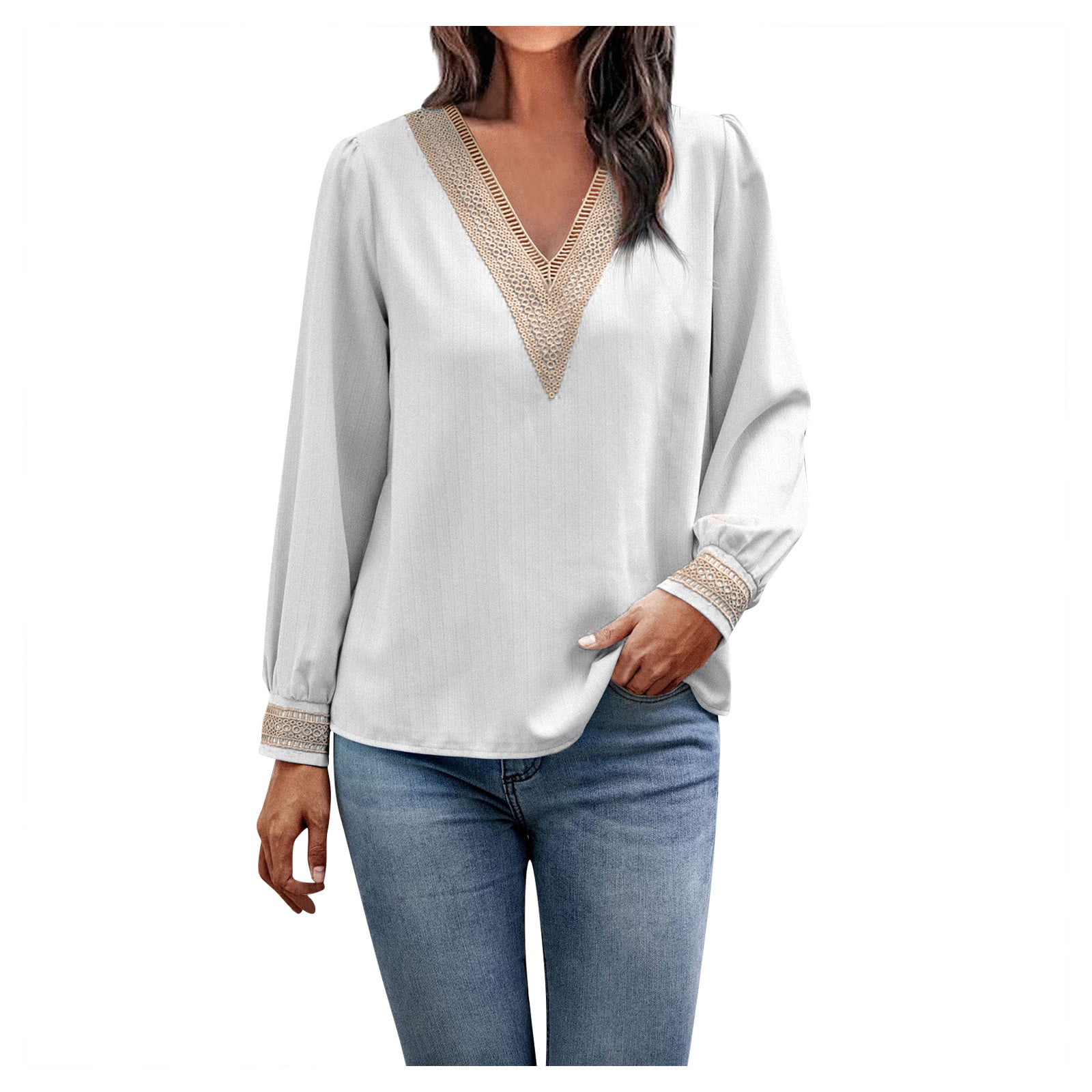 T Shirts, Long Sleeve Blouse Blusas Casuales De Women's Autumn And Winter Fashion Sexy Solid Color V-Neck Long Sleeve Lace Top Saudacdn Women Button Shirts Neck Crop Top(White,X-Large) - Walmart.com