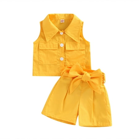 

Kids Girls Summer Clothes Outfits Sleeveless Lapel Tank Tops with Pockets Bow Tie Shorts Toddler Baby Girl Sets