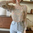 thumbnail image 5 of Norbi Womens Spring Floral Printed Square Collar Sexy Sweet Long Sleeves Chiffon Shirt Blouse, 5 of 6