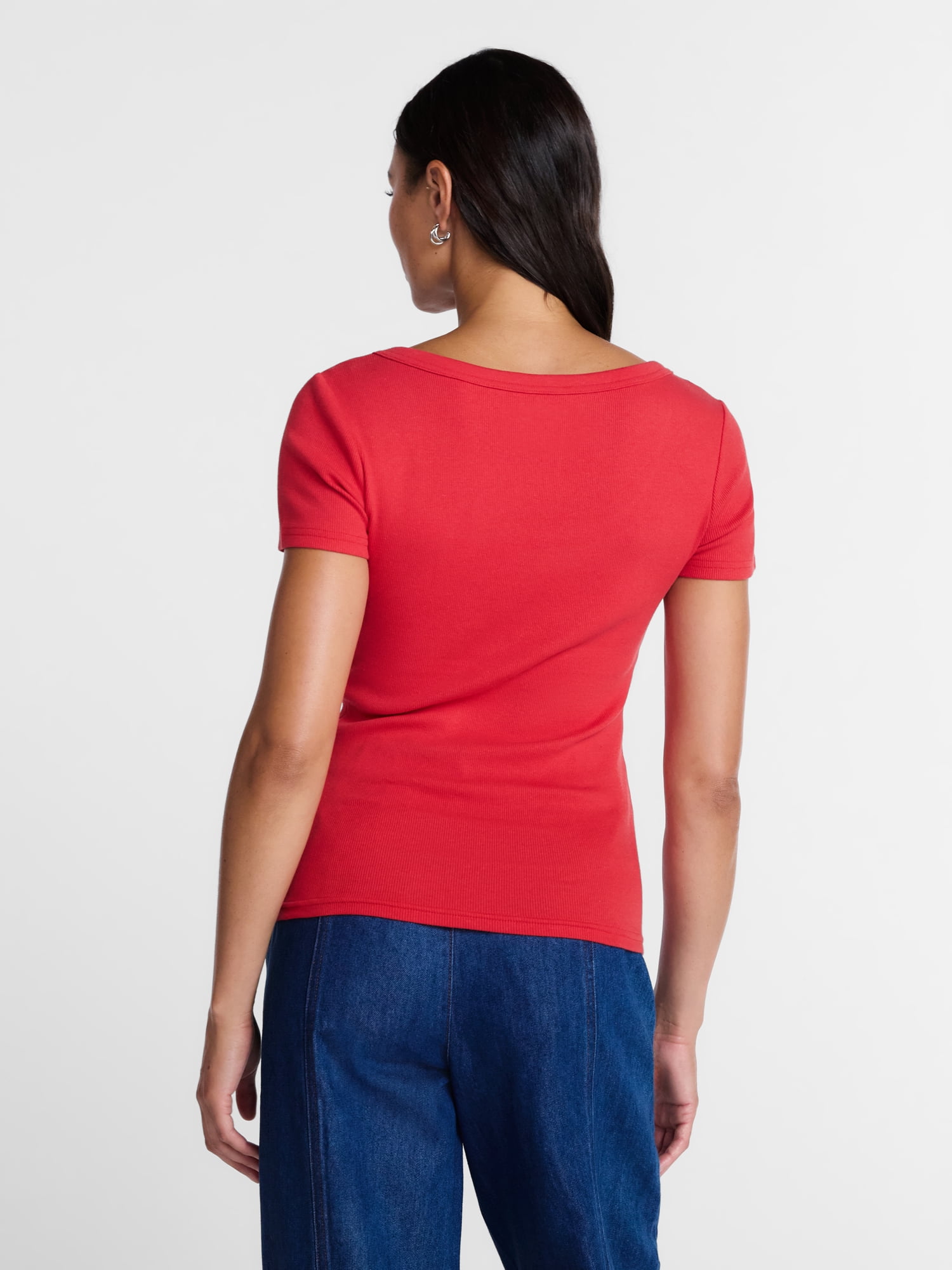 Time and Tru Women's Ribbed Scoop Neck Tee with Short Sleeves, Sizes XS-XXXL