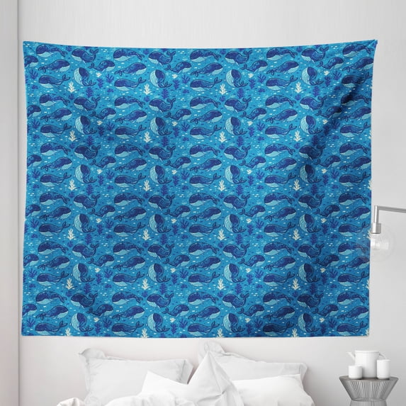 Whale Tapestry, Aquatic Background with Fish and Seaweed Cartoon Style Animal Characters, Fabric Wall Hanging Decor for Bedroom Living Room Dorm, 5 Sizes, Navy Blue Dark Blue, by Ambesonne