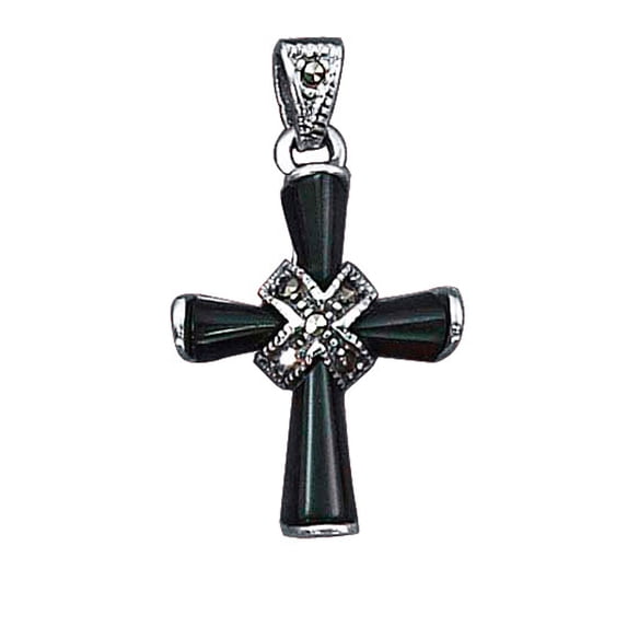 Sterling Silver 20" 1mm Box Chain Black Onyx Christian Cross Pendant Necklace