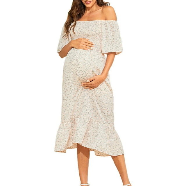 MEZZALL Robe Femme Florale à Encolure Carrée Robes Midi Robe de Maternité Enceinte Décontractée Robe Trapèze Longue Fluide à Smocks Robe Douce Tenue Quotidienne m