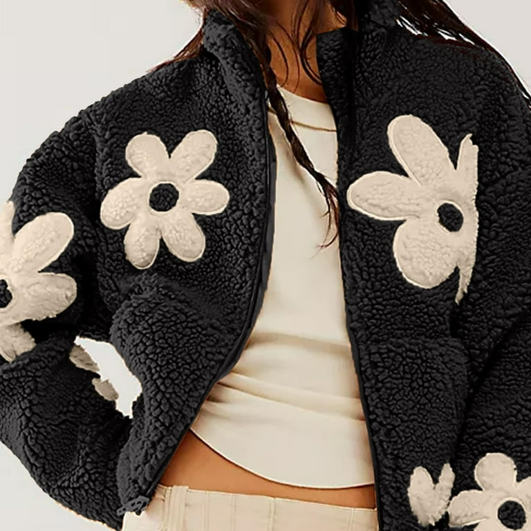 Fuzzy Fleece Winter Coats for Women Winter Trendy Daisy Flower