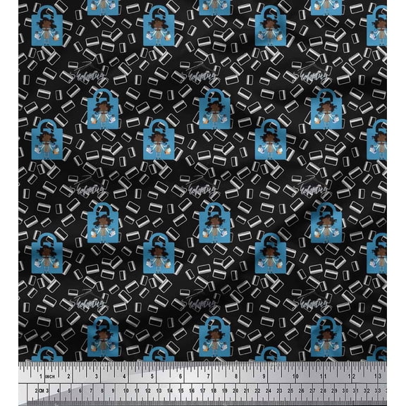 Soimoi Black Cotton Voile Fabric Bag & Shopping Girl Fashion Printed Craft Fabric by the Yard 42 Inch Wide