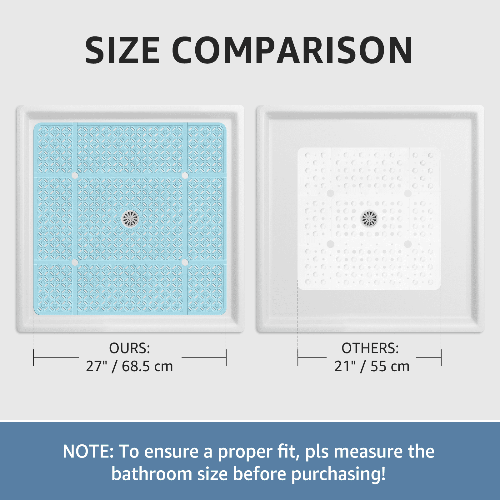 Yolife 27" x 27" Square Shower Mat, Non-Slip TPE Bath Mat with Drain Hole & Suction Cups, Machine Washable Soft Floor Mat for Tub or Stall,Blue