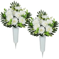 Artificial Cemetery Flowers for Grave, Set of 2 Artificial Memorial Flowers with Vase for Outdoor Cemetery Headstones Graveyard Gravestone Decoration (Red Lily&White Purple Peony)