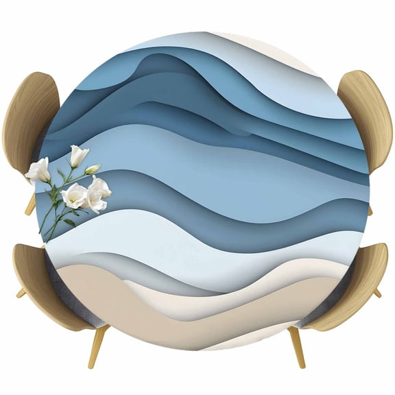 Blue Beige Ombre Table Cloth, Round Fitted Tablecloths with Elastic Edge, Modern Abstract Moire Art Geometric Wipeable Waterproof Table Cover for Kitchen Wedding 36-44 Inches
