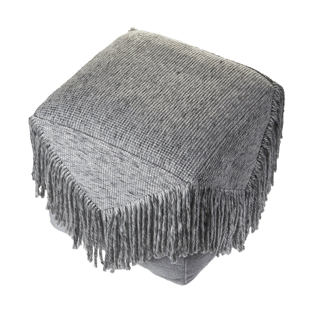 LR Home Medium Fringe Solid Indoor Square Pouf, Gray, 18" x 18" x 18"