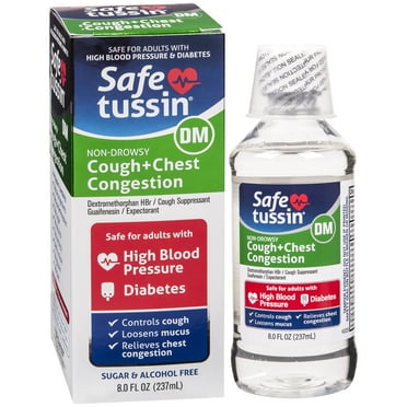 Safetussin DM Cough Chest Congestion, Cough and Cold, for High Blood Pressure & Diabetes, 8 oz