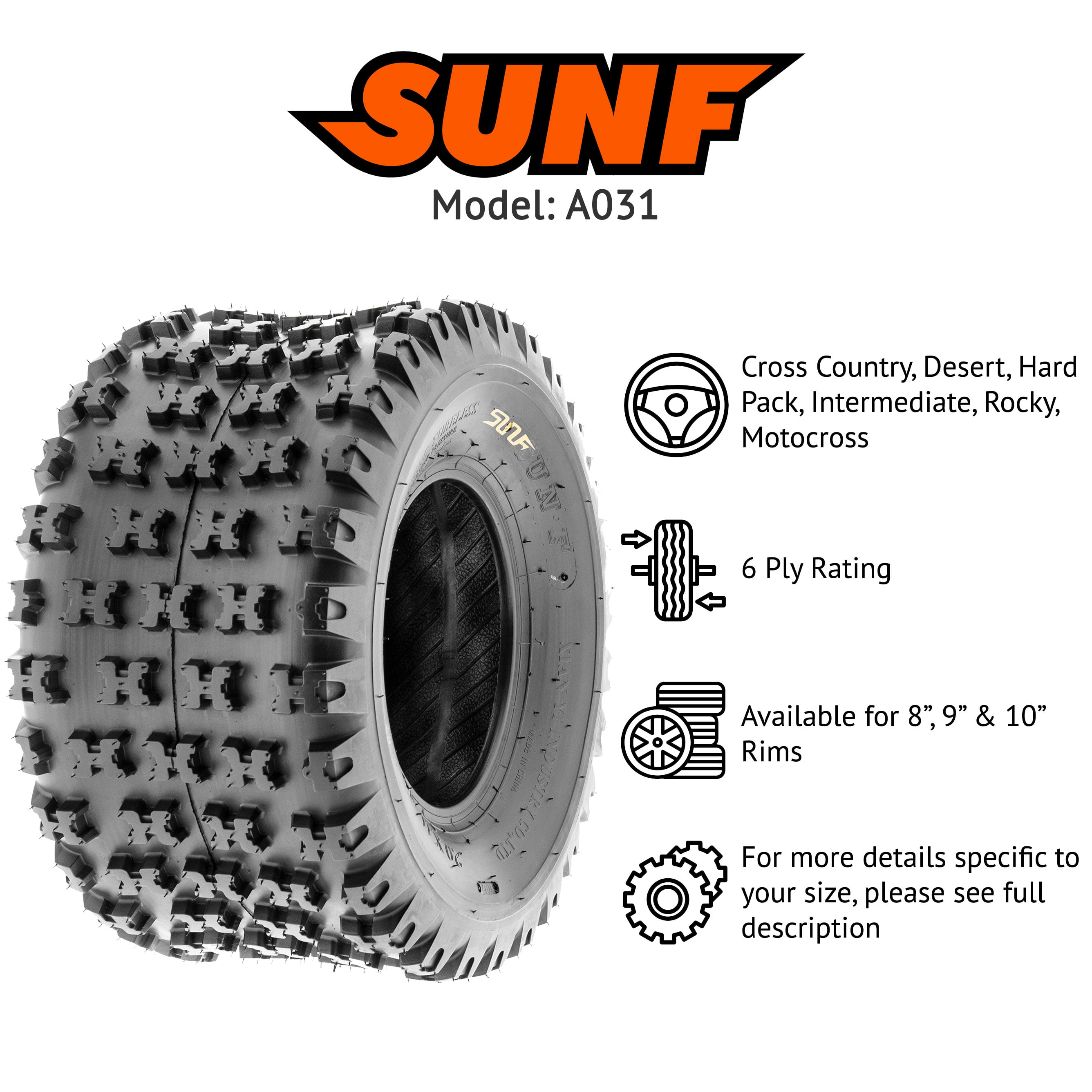 Set of 2 SunF 18x10-8 18x10x8 ATV UTV All Terrain Trail Replacement 6 PR Tubeless Tires A031, 