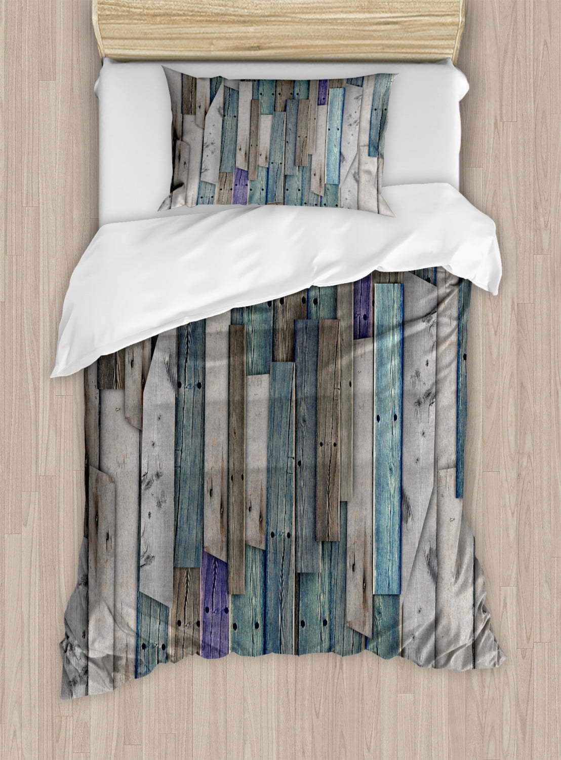 Rustic Duvet Cover Set, Image of Blue Grey Grunge Wood Planks Barn