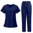 thumbnail image 2 of Stichou Scrubs for Women Set Casual Solid Medical Uniform Stretch V-Neck Scrub Top & Jogger Pant with Pockets Navy S, 2 of 5