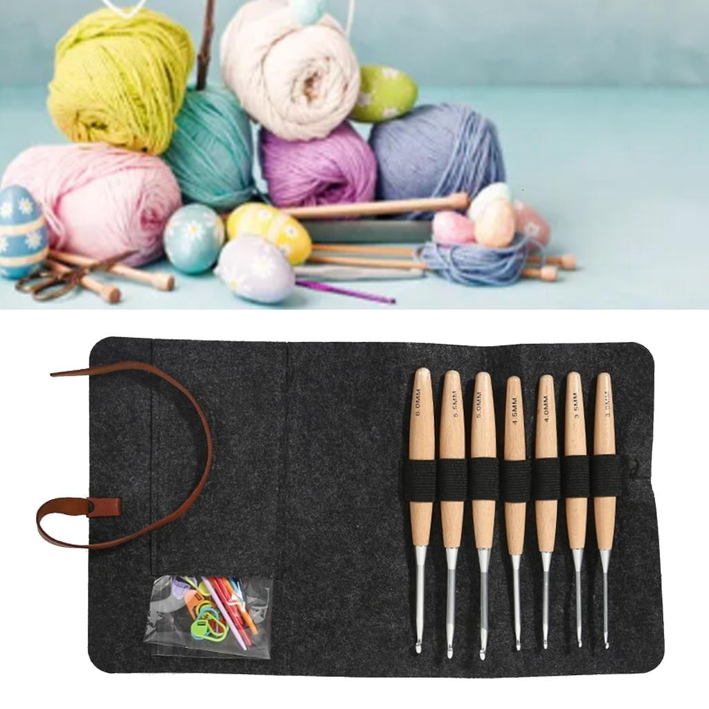 Youthyao 7Pcs Crochet Hooks Set ErgonomicW00denGrip Handles, Crochet Needle with Storage Bag for Hand Knitting