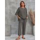 thumbnail image 3 of Conjunto de dos piezas casual sólido, camiseta de manga corta con cuello redondo y pantalones de pierna ancha, ropa de mujer, 3 of 4