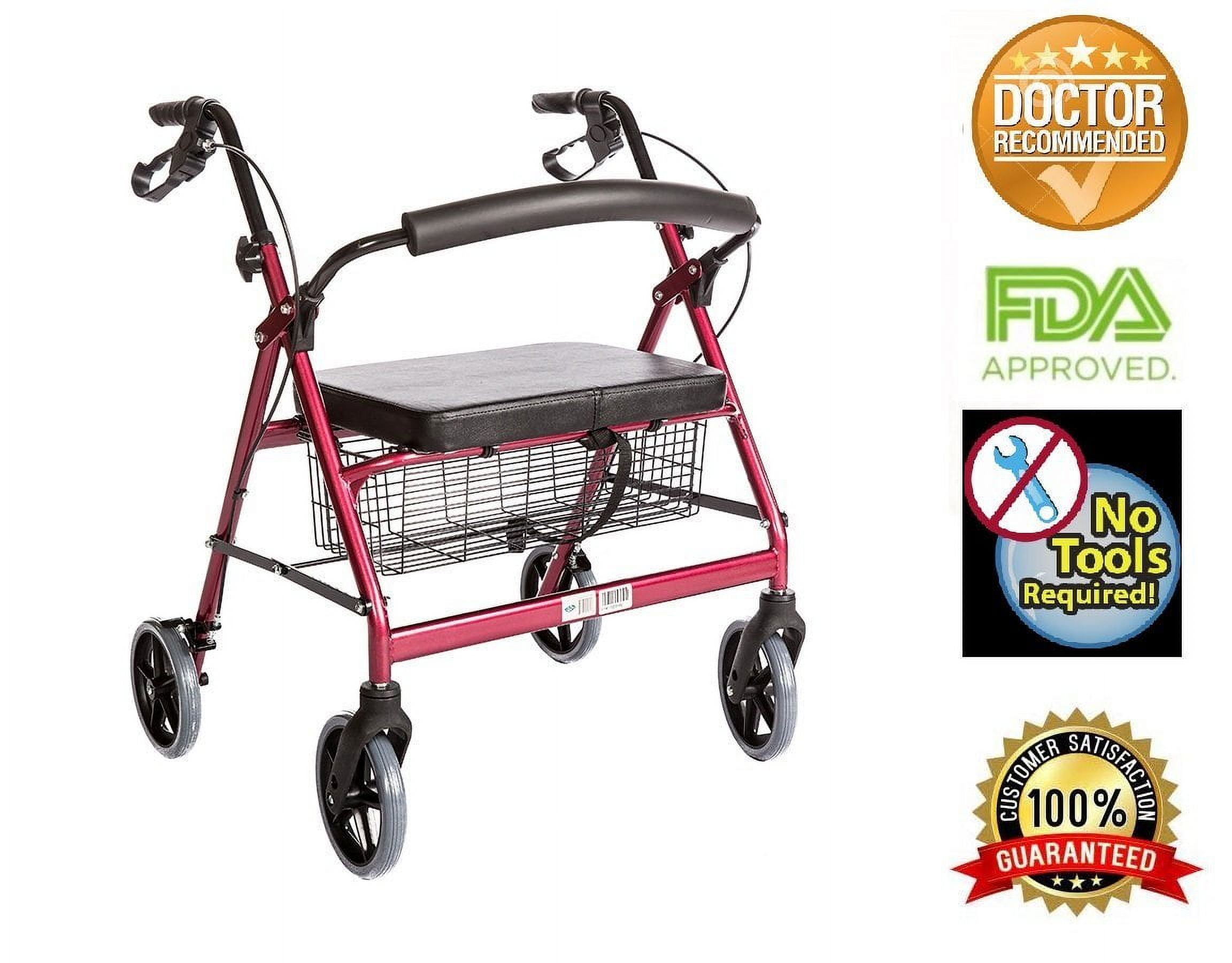 HEALTHLINE Heavy Duty Bariatric Rollator Walker With Seat and Wheels, 4 Wheel Walker With Large Seat and Basket and Brakes, Medical Heavy Duty Walker With Seat for Seniors, 8 Inch Wheels, 400 Lbs, Red