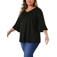 thumbnail image 4 of Blusa elegante casual de mujer plus size con volantes de 3/4 de manga y escote en V, tamaño 3X, color negro, 4 of 6