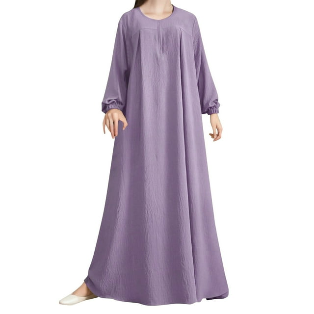 Xuewenshw Women Middle Solid Color Puff Sleeve Dress Zipper Front Round Neck Elastic Robe Women Long Dress