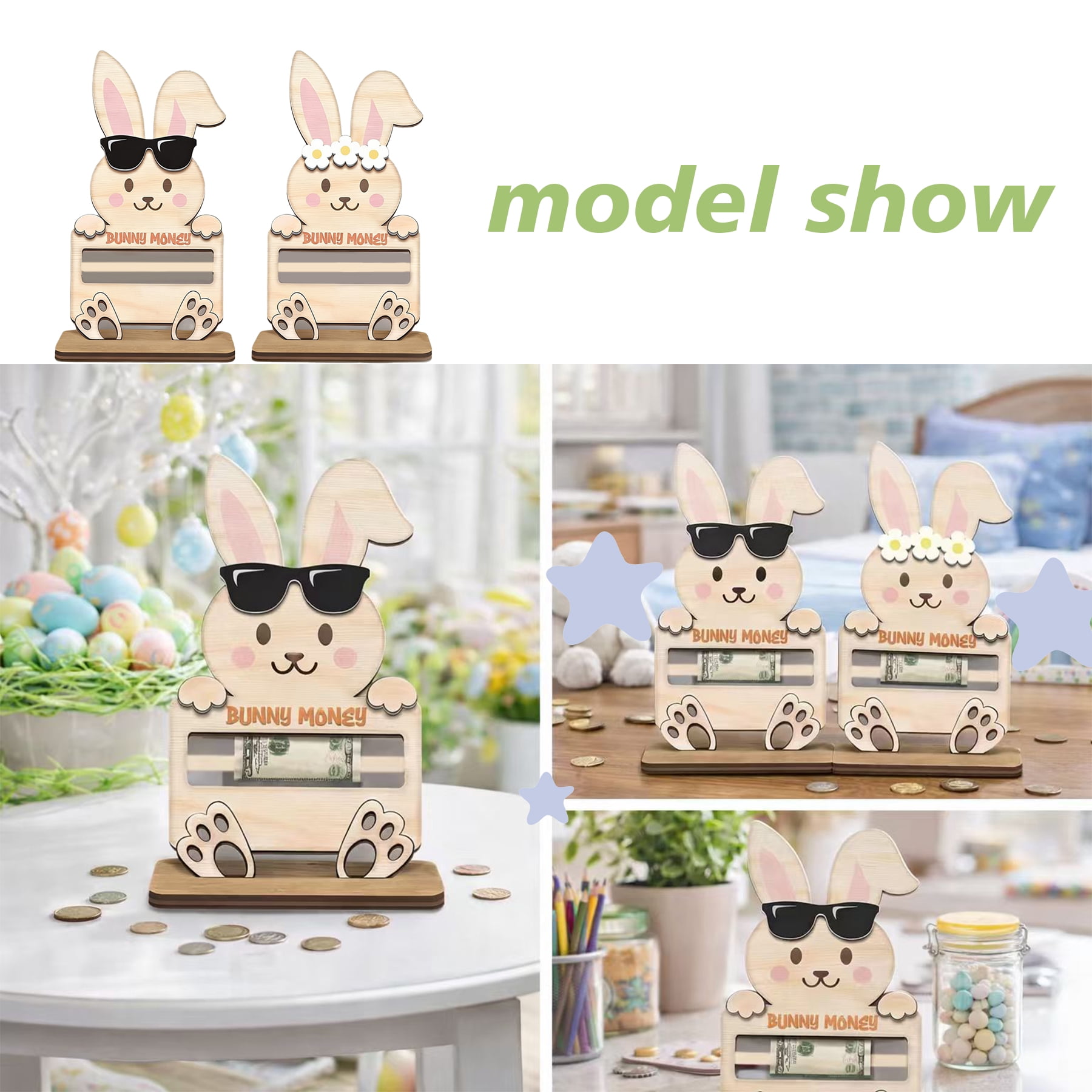 13PCS Easter Bunny Plush Decoration Set,  Easter Decorations with 2 Bunny Plush Toys (7.48in), Easter Money Holder Stand, DIY Easter Craft Ornaments, Easter Basket Stuffers Spring Holiday Decor