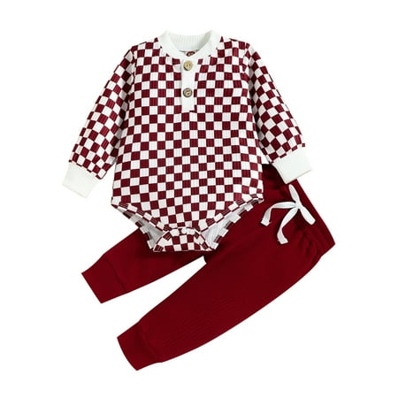 

Douhoow 2pcs Baby Ribbed Clothes Boy Girl Checkerboard Print Long Sleeve Romper Solid Color Drawstring Long Pants