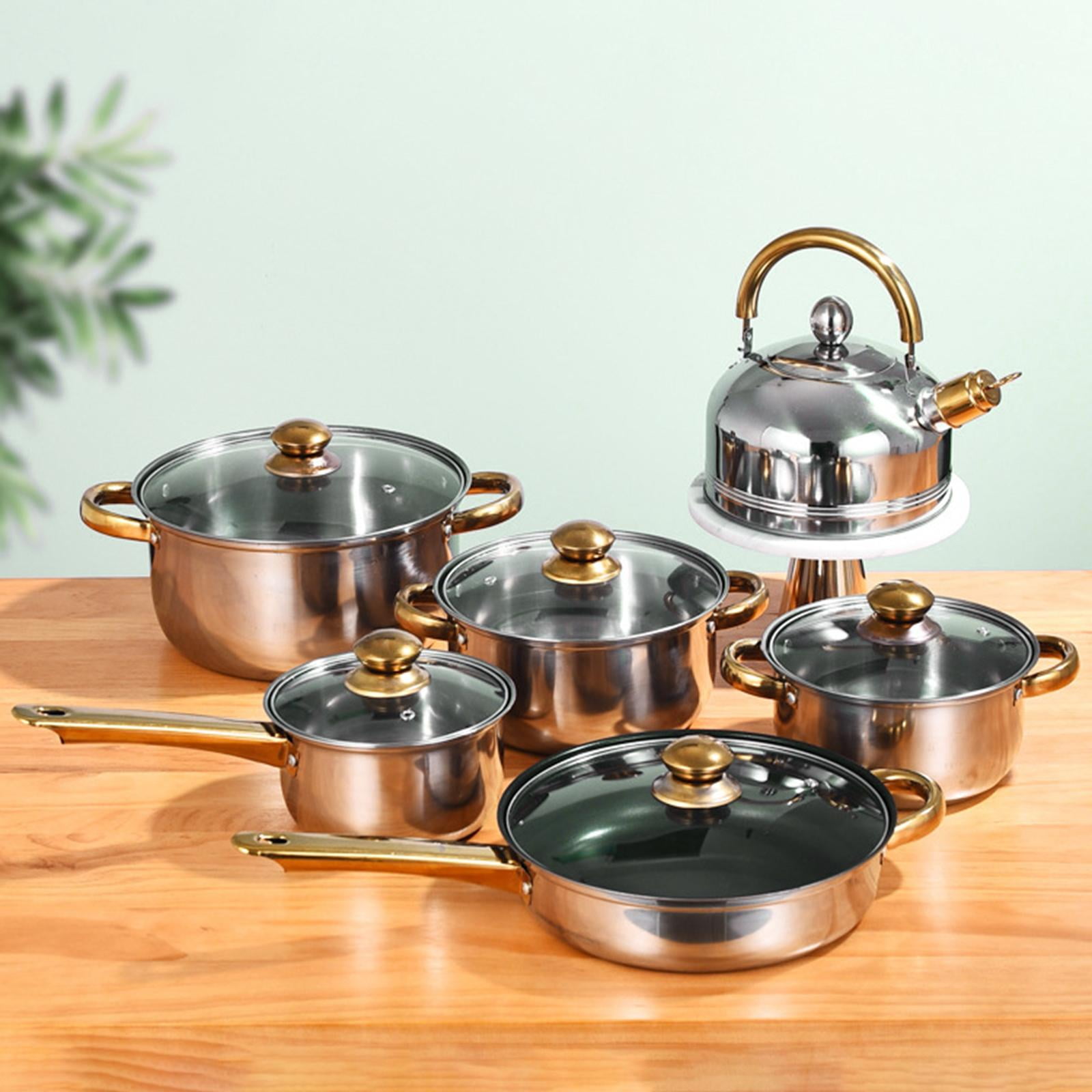 Nishiyuenyi 6x Pots and Pans Set Soup Pot with Glass Lid Nonstick Pan Cookware Set Stainless Pans with kettle