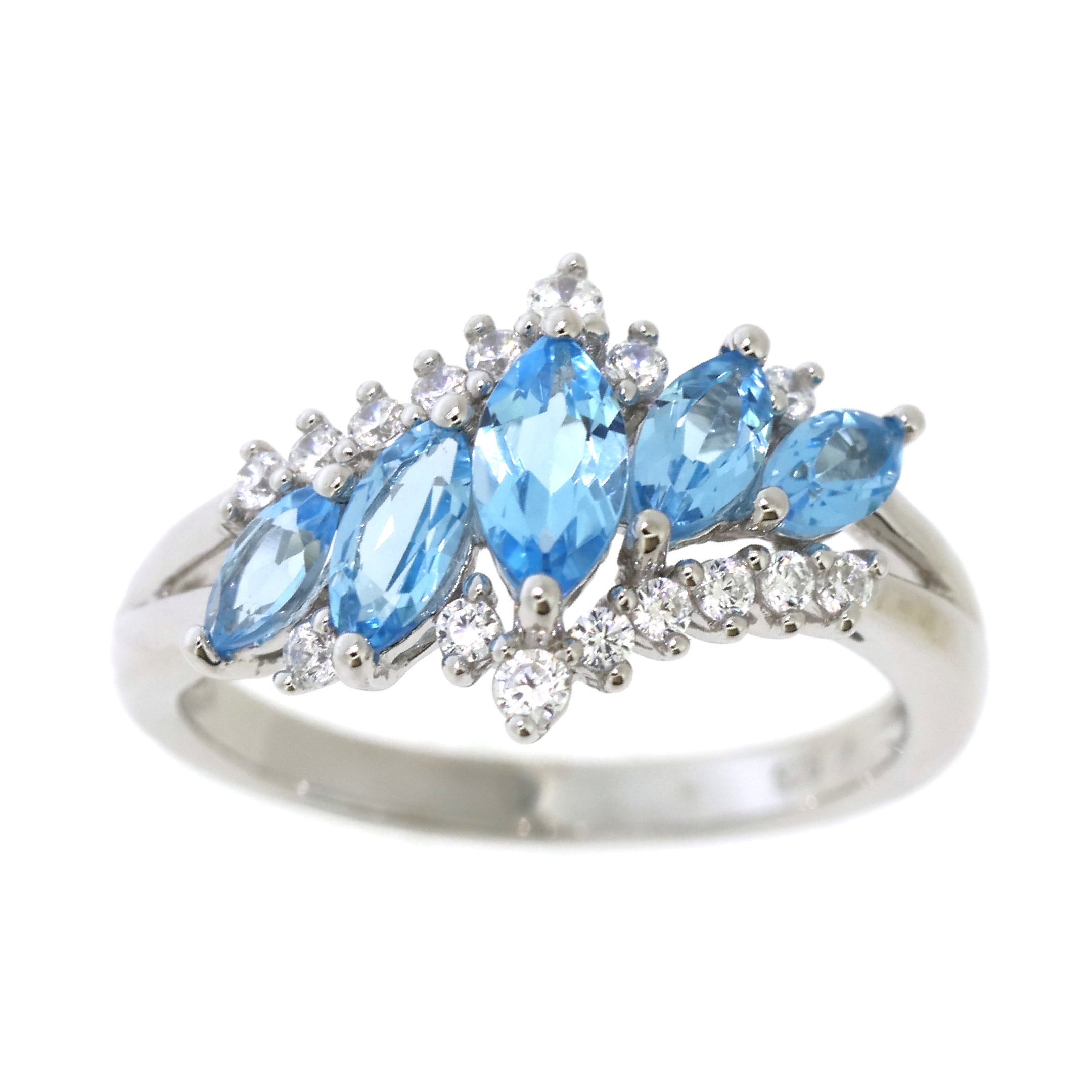 Brilliance Fine Jewelry 925 Sterling Silver Genuine Swiss Blue Topaz and White Cubic Zirconia CZ Marquise Ring