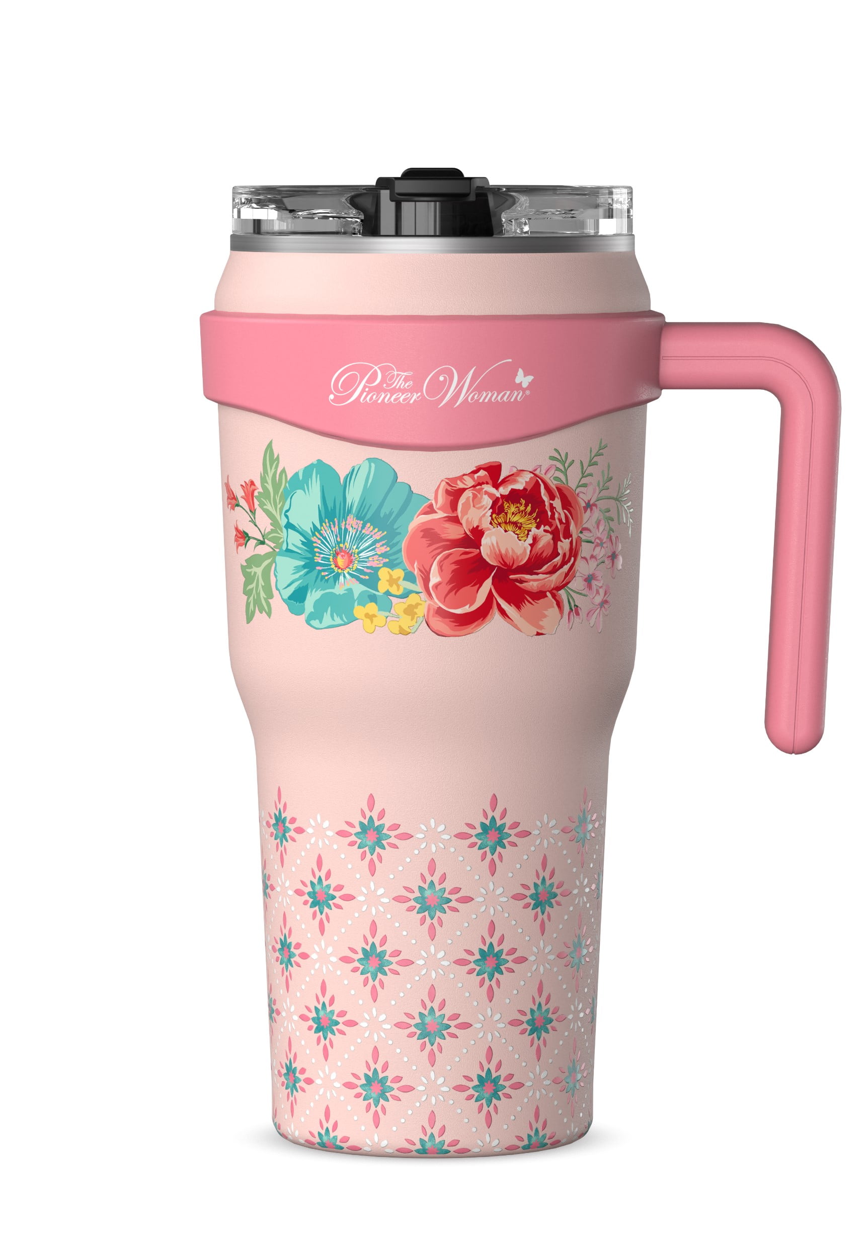 (3 pack) The Pioneer Woman 40 oz Fancy Flourish Stainless Steel Insulated Tumbler, Pink