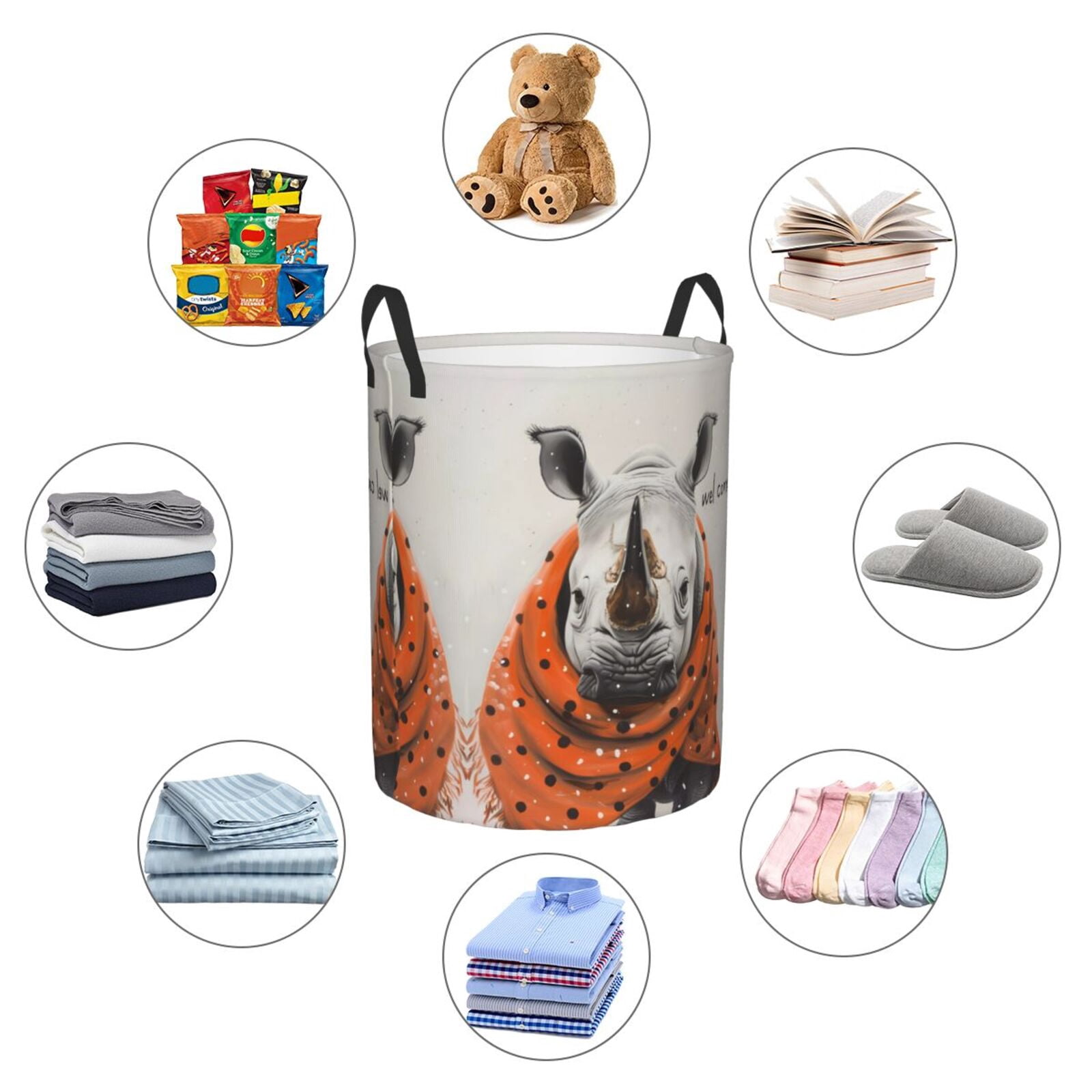 Large Laundry Basket with Handles - Polka Dot Rhino Welcome Kids Baby Dirty Clothes Laundry Hamper for Bedroom Aesthetic