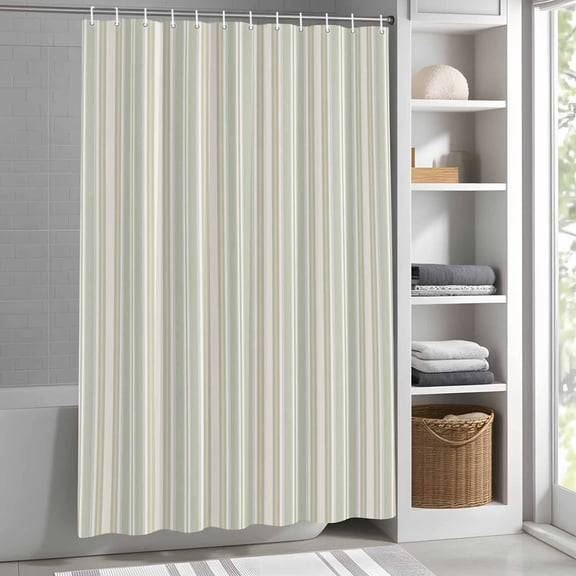 Sage Green Stripes Shower Curtain for Bathroom, White Lines Lines Fabric Shower Curtain Set with Hooks, Waterproof Washable Bath Curtain for Bathroom Decor, 66"x72"
