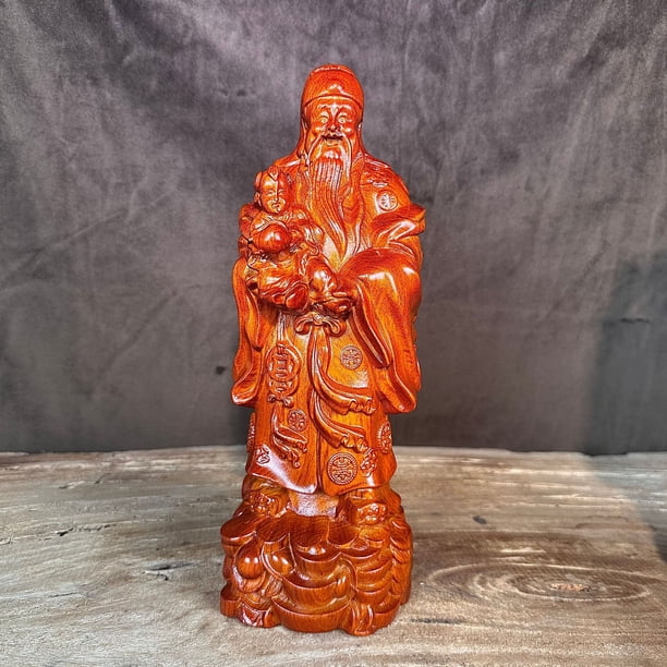 Ebony wood carving of the Three Star Gods of Fortune, Prosperity, and Longevity - a decorative item for the elderly to celebrate their birthdays and attract wealth in the living room.