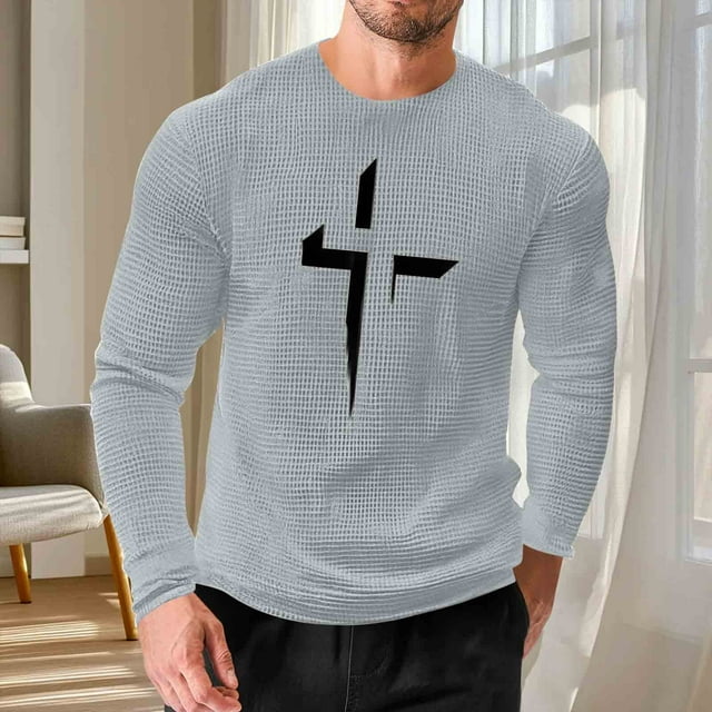 Ceisia Men's Geometric Cross Waffle Top | Slim Long-Sleeve Crewneck Winter Casual Shirt Gift