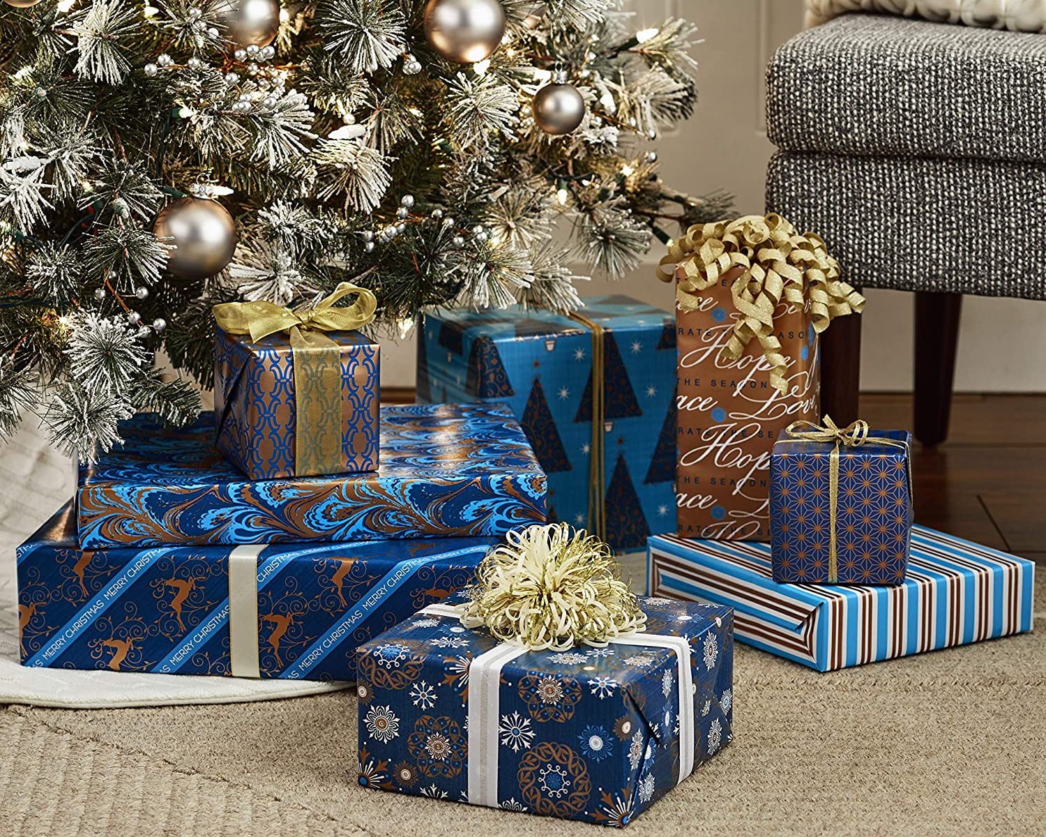 Hallmark Reversible Christmas Wrapping Paper Bundle, Elegant Blues