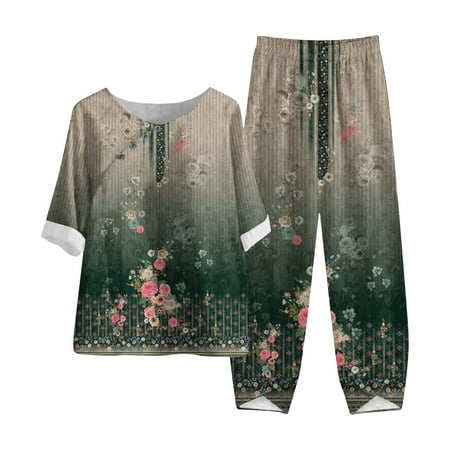 Atogsazn 2 Piece Outfits for Women Linen Set Vintage Floral Print Matching Sets Half Sleeve Blouse Top and Pants Loungewear Suits Army Green L on Clearance