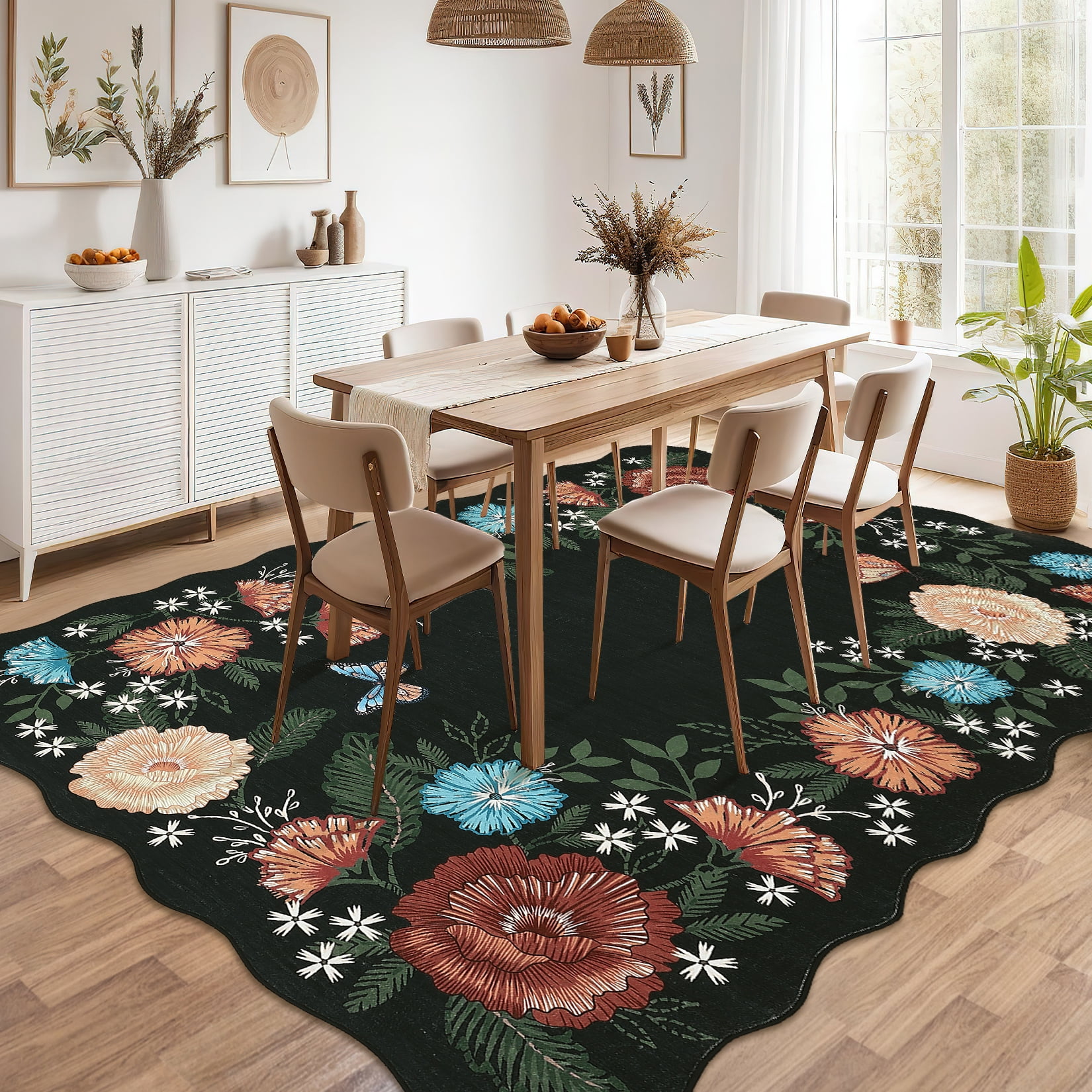 Garvee 10'x13' Floral Area Rugs, Washable Boho Rugs Ultra Soft Print Carpet, Non-Slip Low Pile Rug Stain Resistant Distressed Indoor Rugs for Living Room Bedroom Dining Room, Black