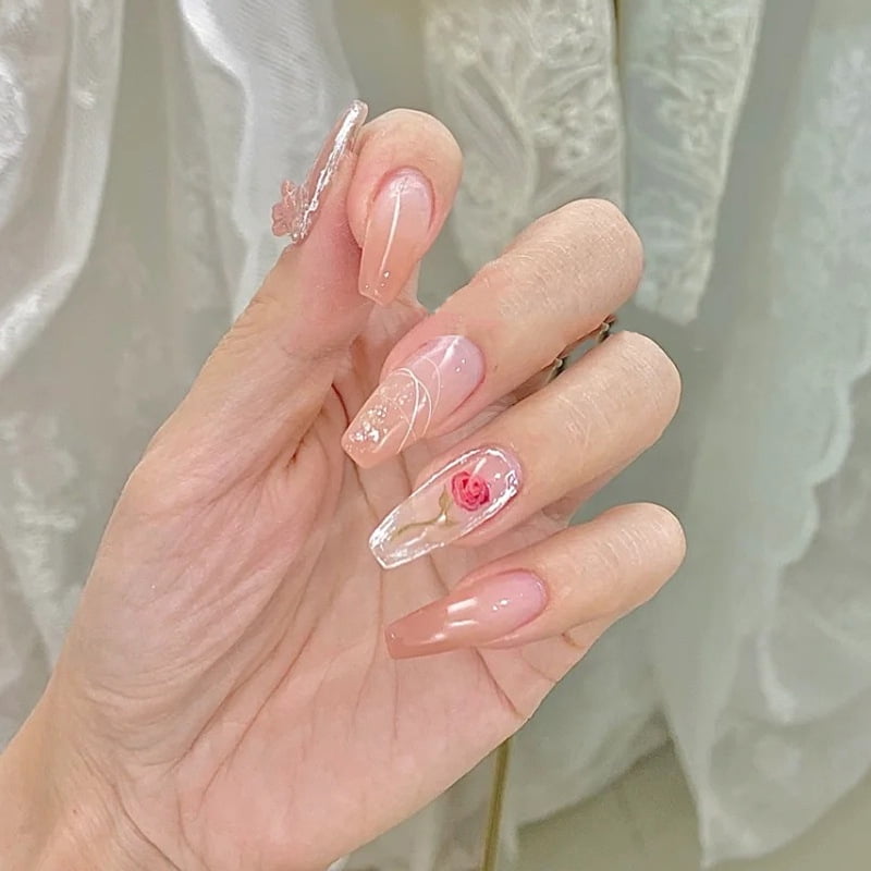 24pcs Fake Nail Patch Full Cover Long Head Cute Red Flower Fake Nail Wearable Finished Nail Piece With Glue New Walmart Com
