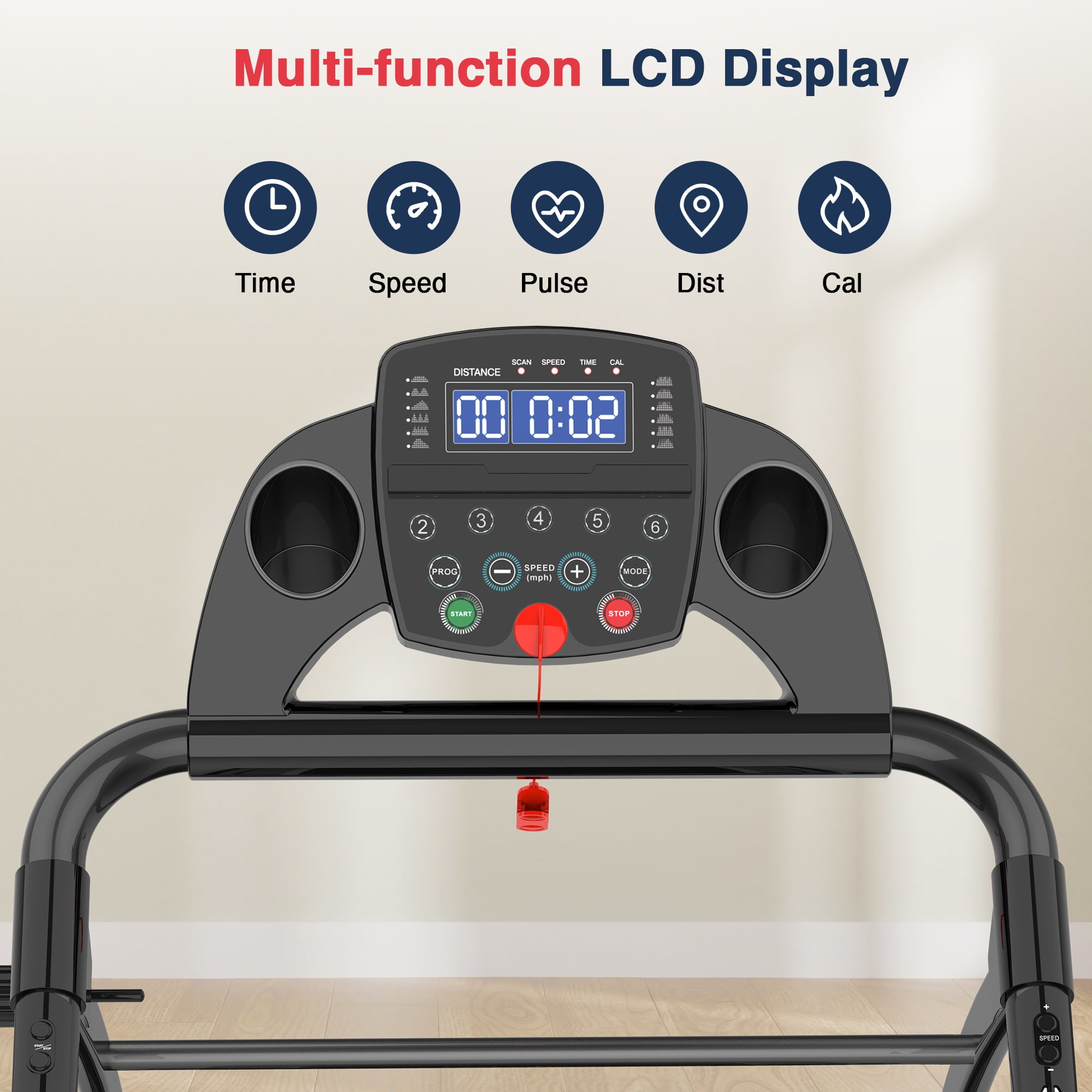 Redliro Folding Treadmills for Home Electric Walking Machine with Heart Rate Sensor LCD Display 220lbs 2HP, Black