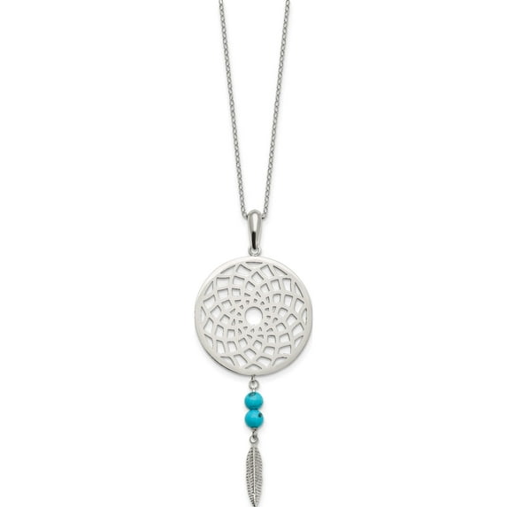 Stainless Steel Polished Imit.Turquoise Dreamcatcher With 2In Ext Necklace Made In China srn2570-16