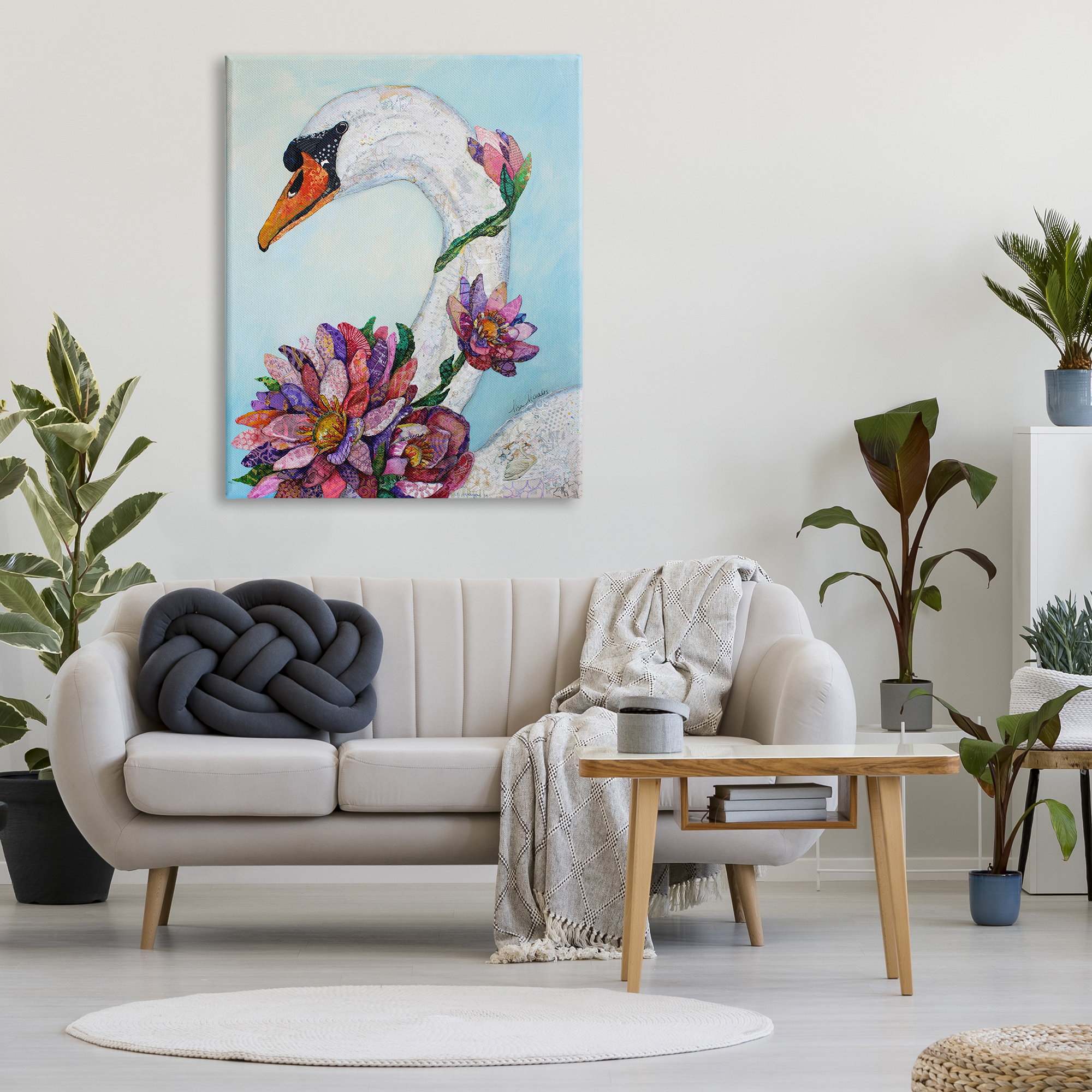 Stupell Industries Swan Bird Vivid Lotus Flower Blossoms Collage Painting Gallery Wrapped Canvas Print Wall Art, Design by Lisa Morales