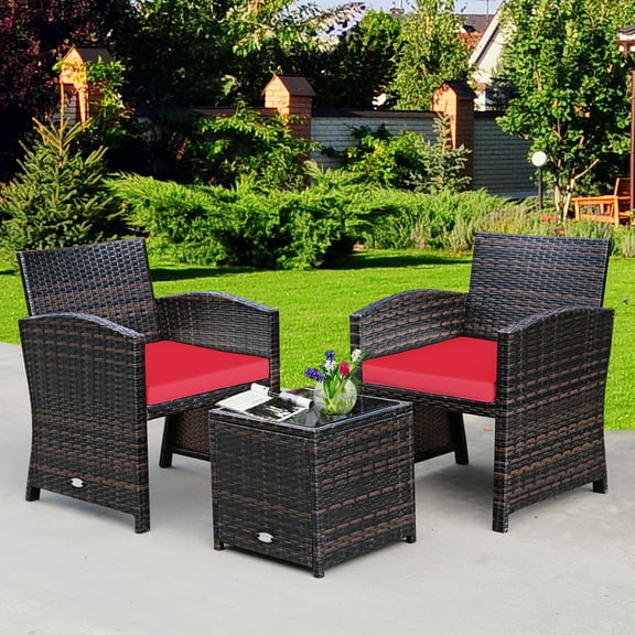 Costway 3PCS Patio Rattan Wicker Furniture Cushion Sofa Coffee Table Red