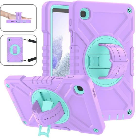 Case for Samsung Galaxy Tab A7 Lite 8.7" 2021, Military Grade Triple-Layers Drop Protection Tablet Case with Rotation Kickstand & Adjustable Hand Strap & Shoulder Strap & Pencil Holder, Purplegreen
