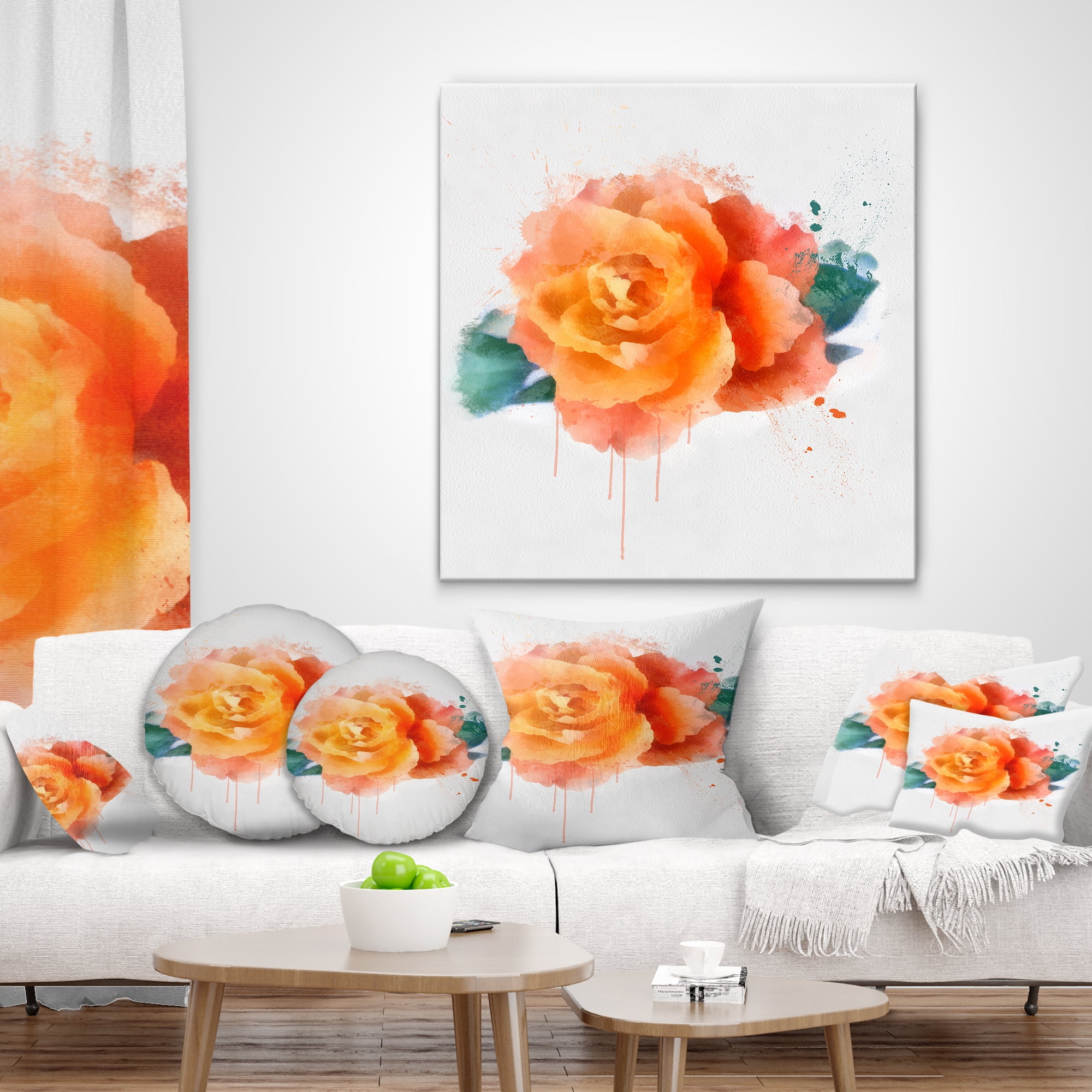 Designart Orange Rose with Green Leaves - Floral Throw Pillow - 12x20