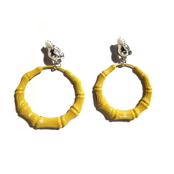 Clip-on Hoop Earrings Yellow Earrings Bamboo Hoops 2 inch