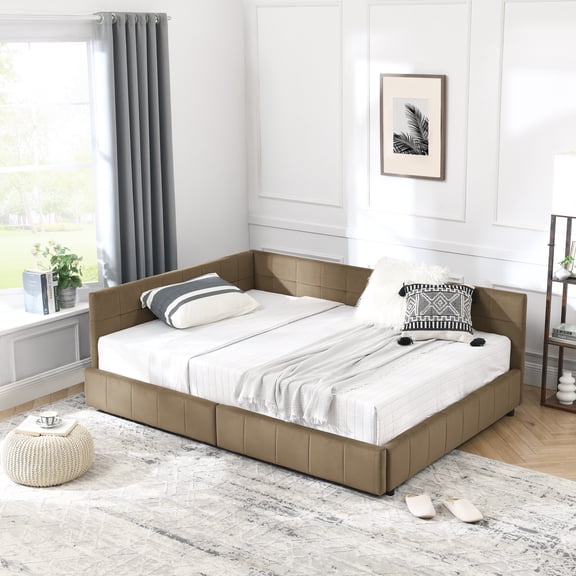 Full Size Storage Upholstered Tufted Bed Frame with Drawers, Sofa Daybed with Backrest and Armrests, Velvet Bed for Bedroom, Living Room, Brown