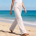 thumbnail image 5 of Women Cotton Linen Pants High Waisted Button Up Straight Leg Trousers Spring Summer Beach Casual Vacation Pant Beige XL, 5 of 9