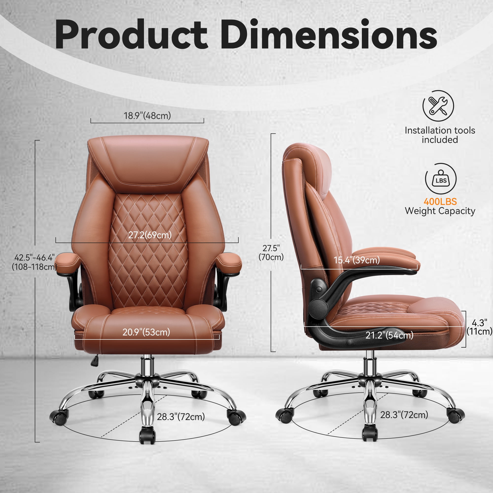 FASTES Ergonomic Office Chair, Desk Chair with High Back Flip-up Armrests Big and Tall Gaming Leather Chair with Rocking Function 2 Reclining Position,Brown